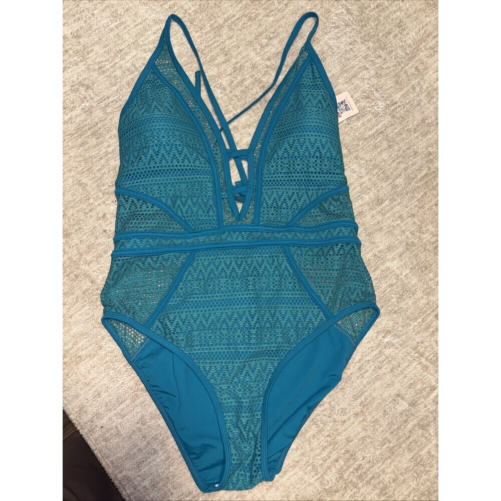 NWT women's Large Teal Lacey Mesh Bathing suit Tie Back